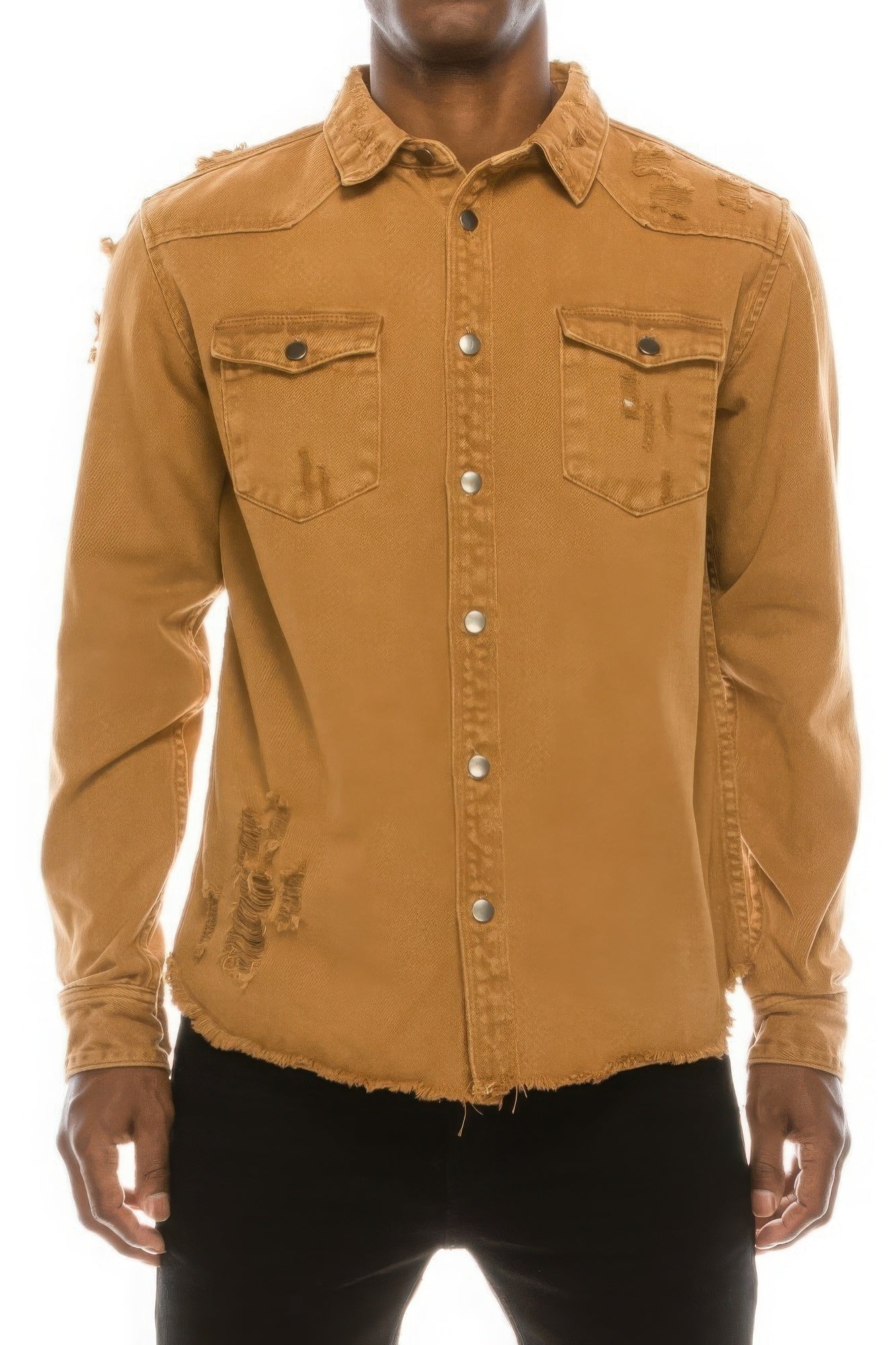 Tan ripped denim overshirt with button front, chest pockets, frayed hem