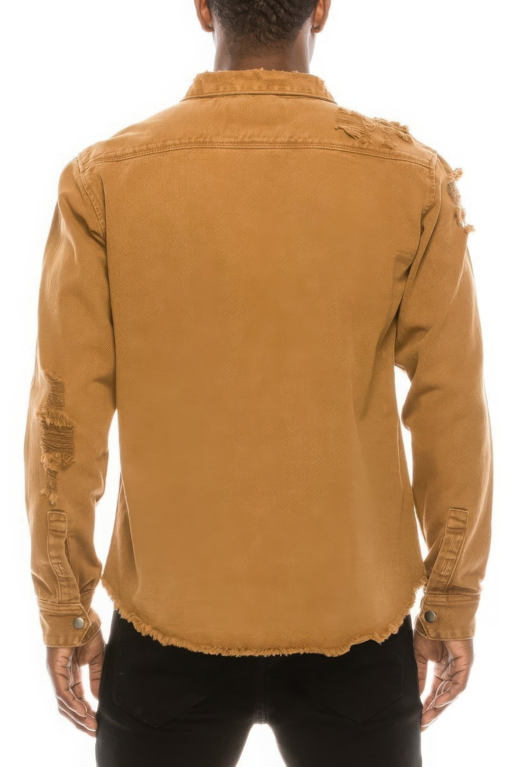 Back view of tan ripped denim overshirt with distressed shoulders and button cuffs