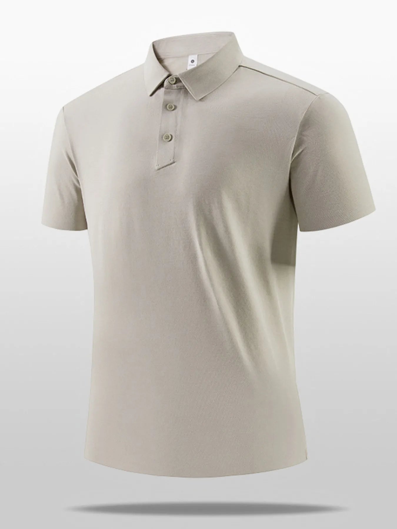 Mocha polo shirt, front view with button placket and short sleeves
