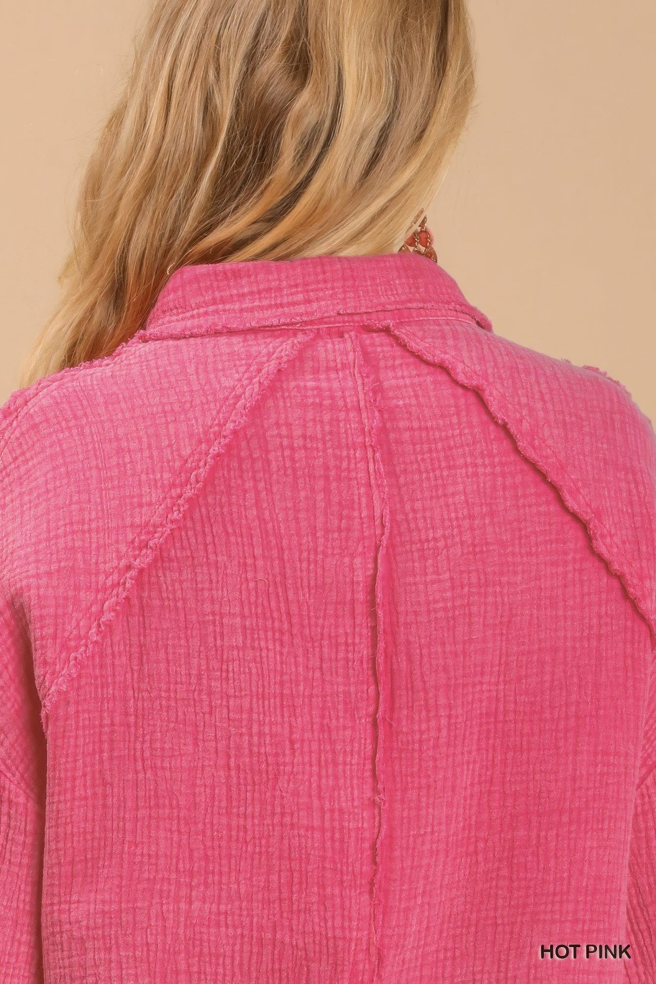 Hot pink top back with gathered yoke and button placket detail