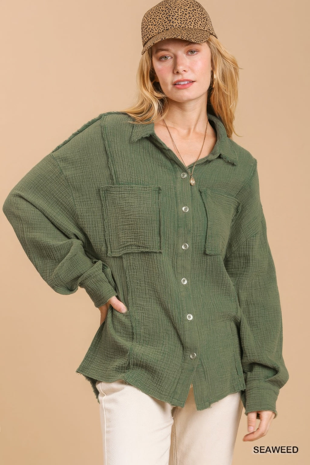 Seaweed button-down top with chest pockets and high-low hem