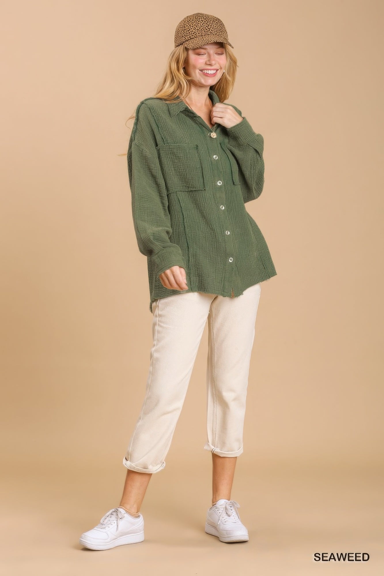 Seaweed button-down shirt with chest pockets and high-low hem