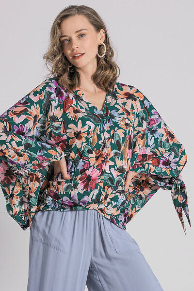 Multicolor Floral V-Neck Tie Sleeve Blouse - Tigbul's Variety Fashion Shop