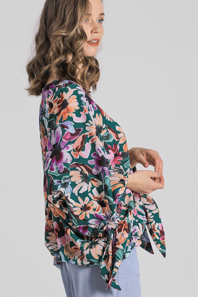 Multicolor Floral V-Neck Tie Sleeve Blouse - Tigbul's Variety Fashion Shop
