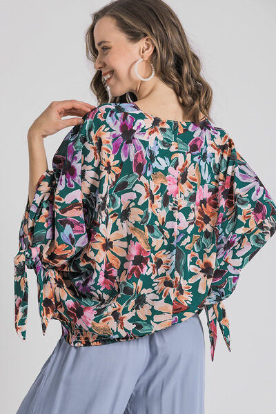 Multicolor Floral V-Neck Tie Sleeve Blouse - Tigbul's Variety Fashion Shop