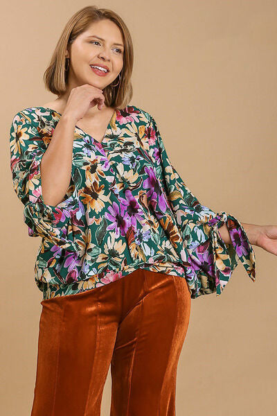 Multicolor Floral V-Neck Tie Sleeve Blouse - Tigbul's Variety Fashion Shop