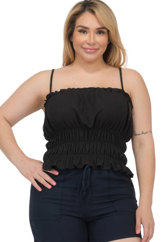 Plus Size Black Tiered Shirred Body Crop Top - Tigbul's Variety Fashion Shop