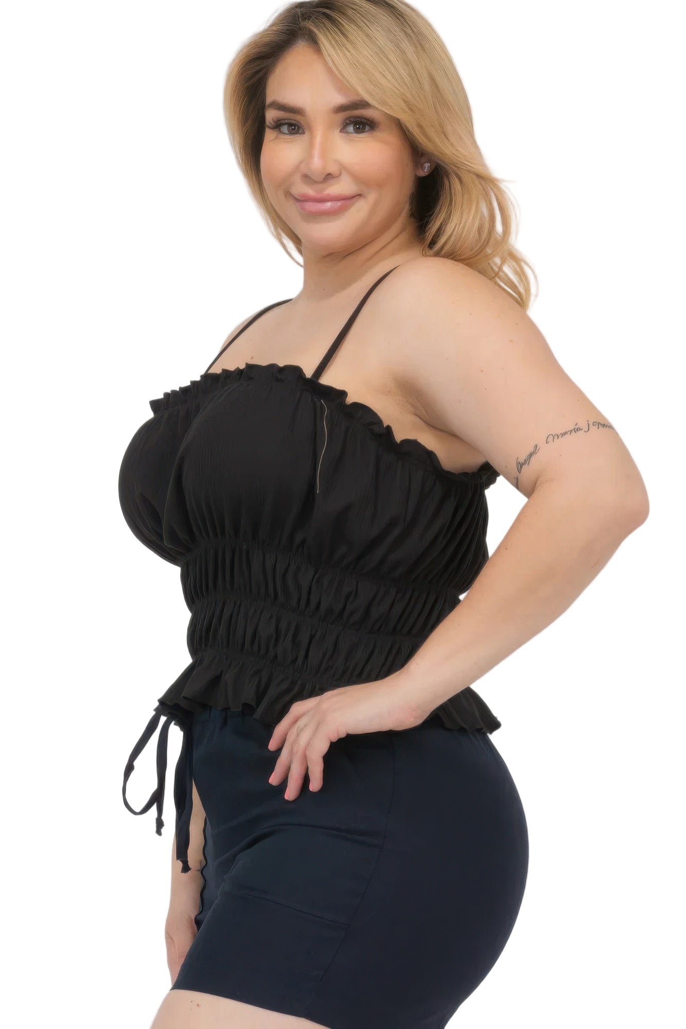 Plus Size Black Tiered Shirred Body Crop Top - Tigbul's Variety Fashion Shop