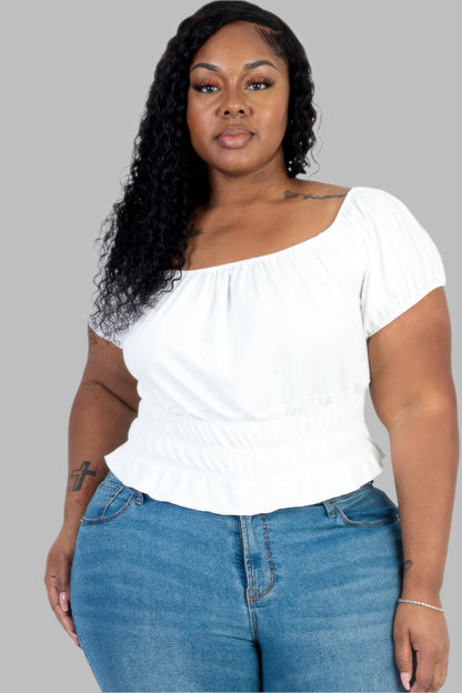 Plus size casual ruched puff sleeve ribbed knit solid top - Tigbul's Variety Fashion Shop