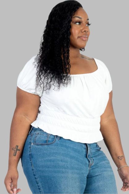 Plus size casual ruched puff sleeve ribbed knit solid top - Tigbul's Variety Fashion Shop