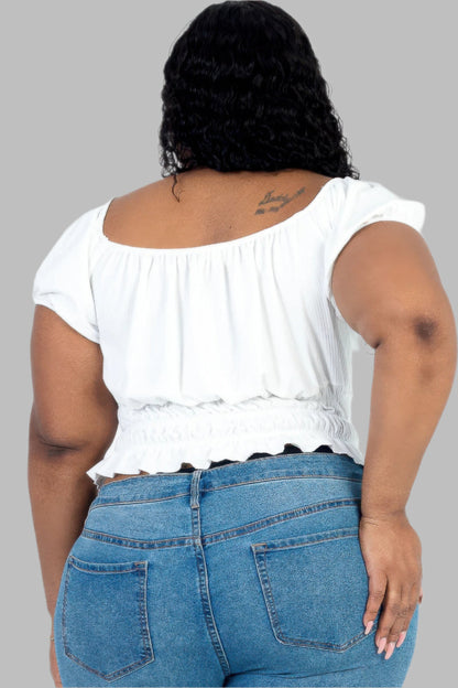 Plus size casual ruched puff sleeve ribbed knit solid top - Tigbul's Variety Fashion Shop