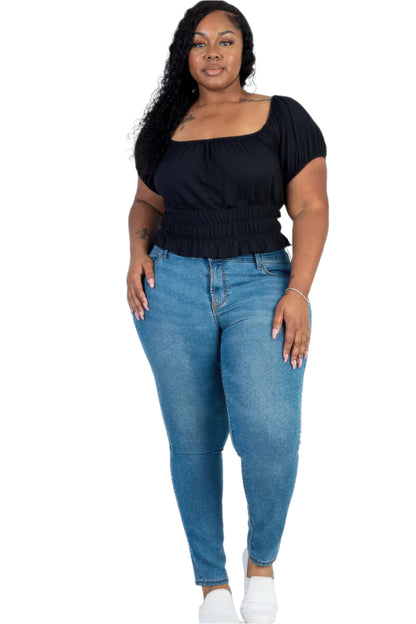 Plus size casual ruched puff sleeve ribbed knit solid top - Tigbul's Variety Fashion Shop