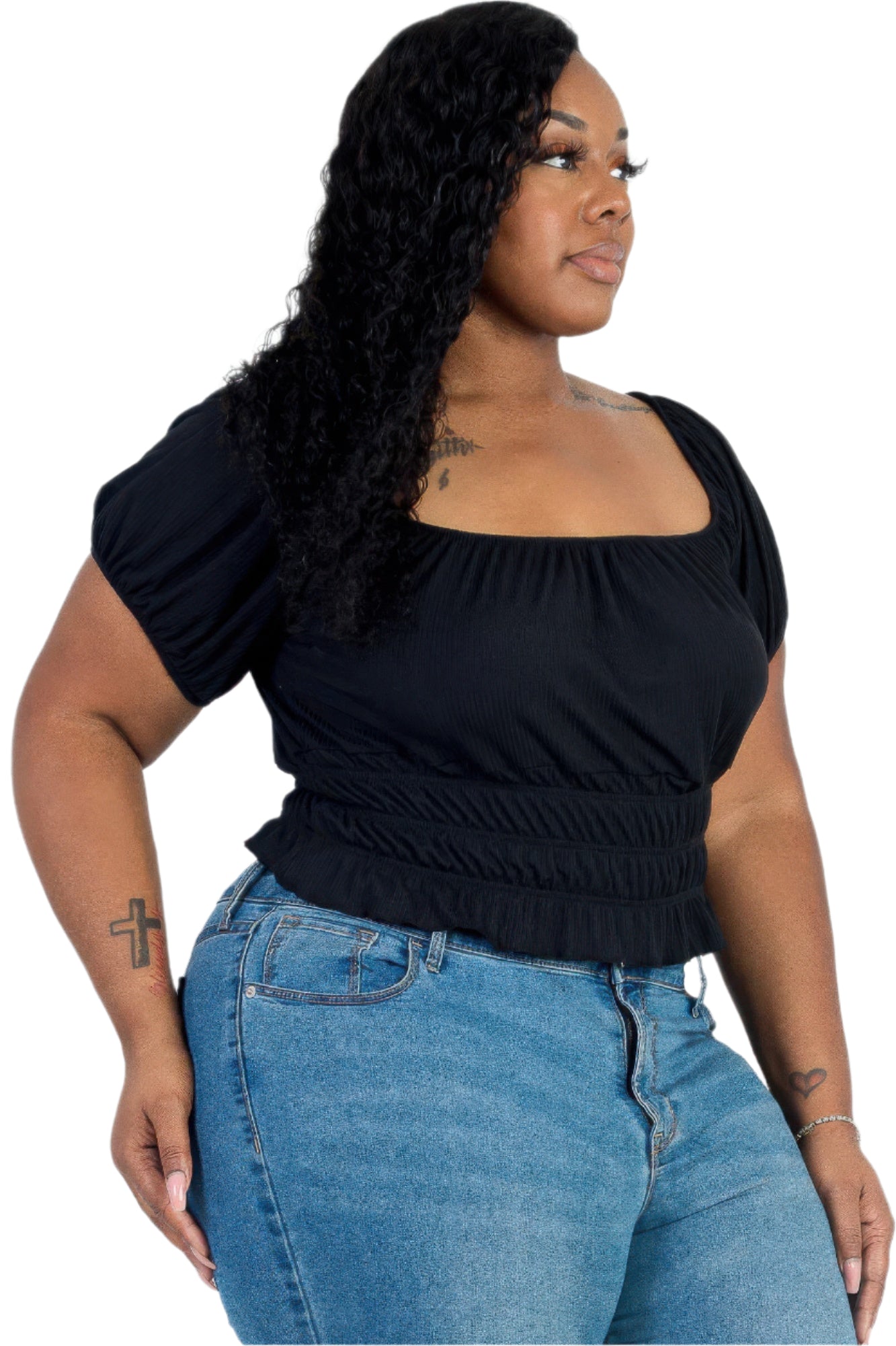 Plus size casual ruched puff sleeve ribbed knit solid top - Tigbul's Variety Fashion Shop