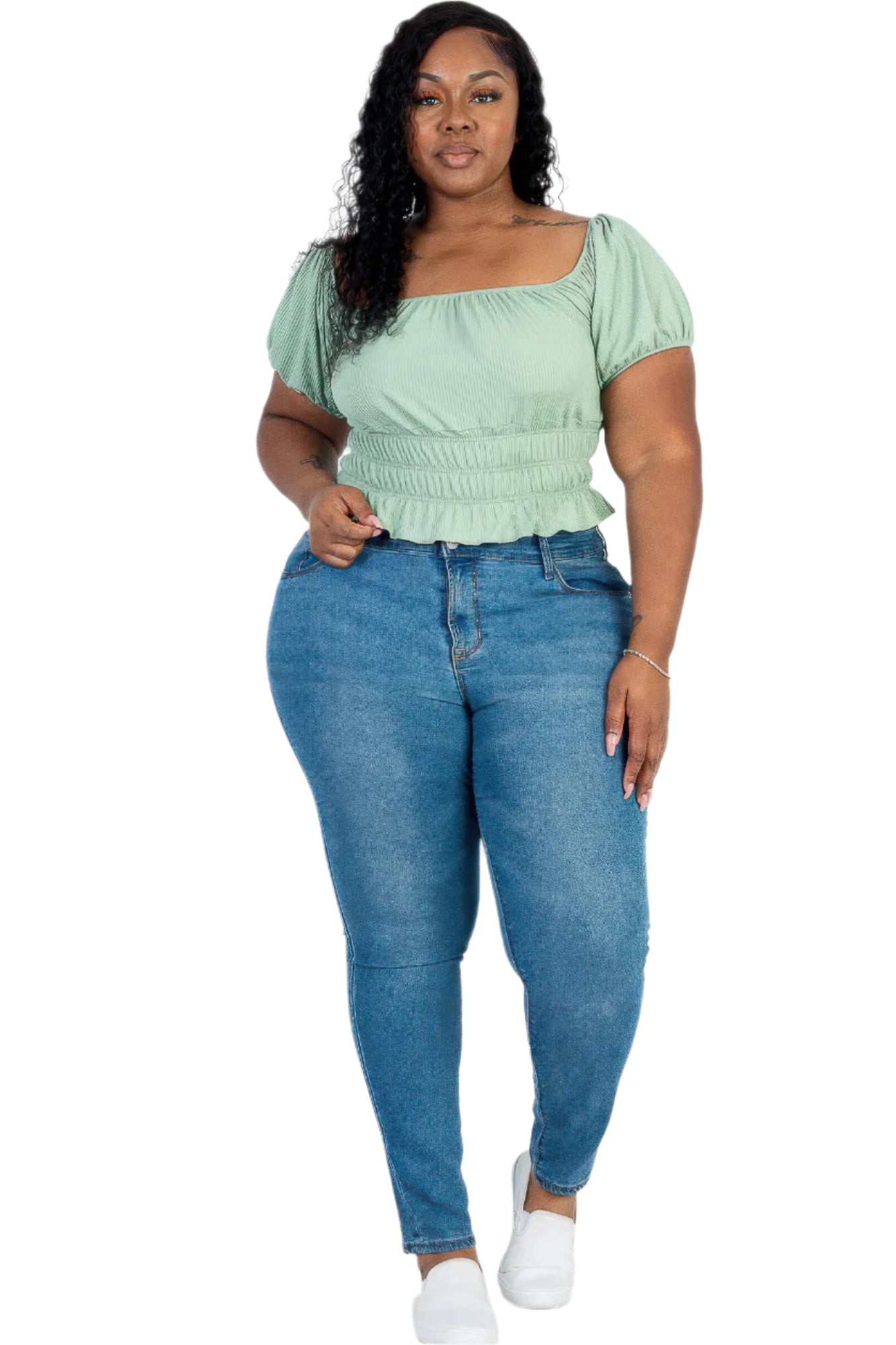 Plus size casual ruched puff sleeve ribbed knit solid top - Tigbul's Variety Fashion Shop