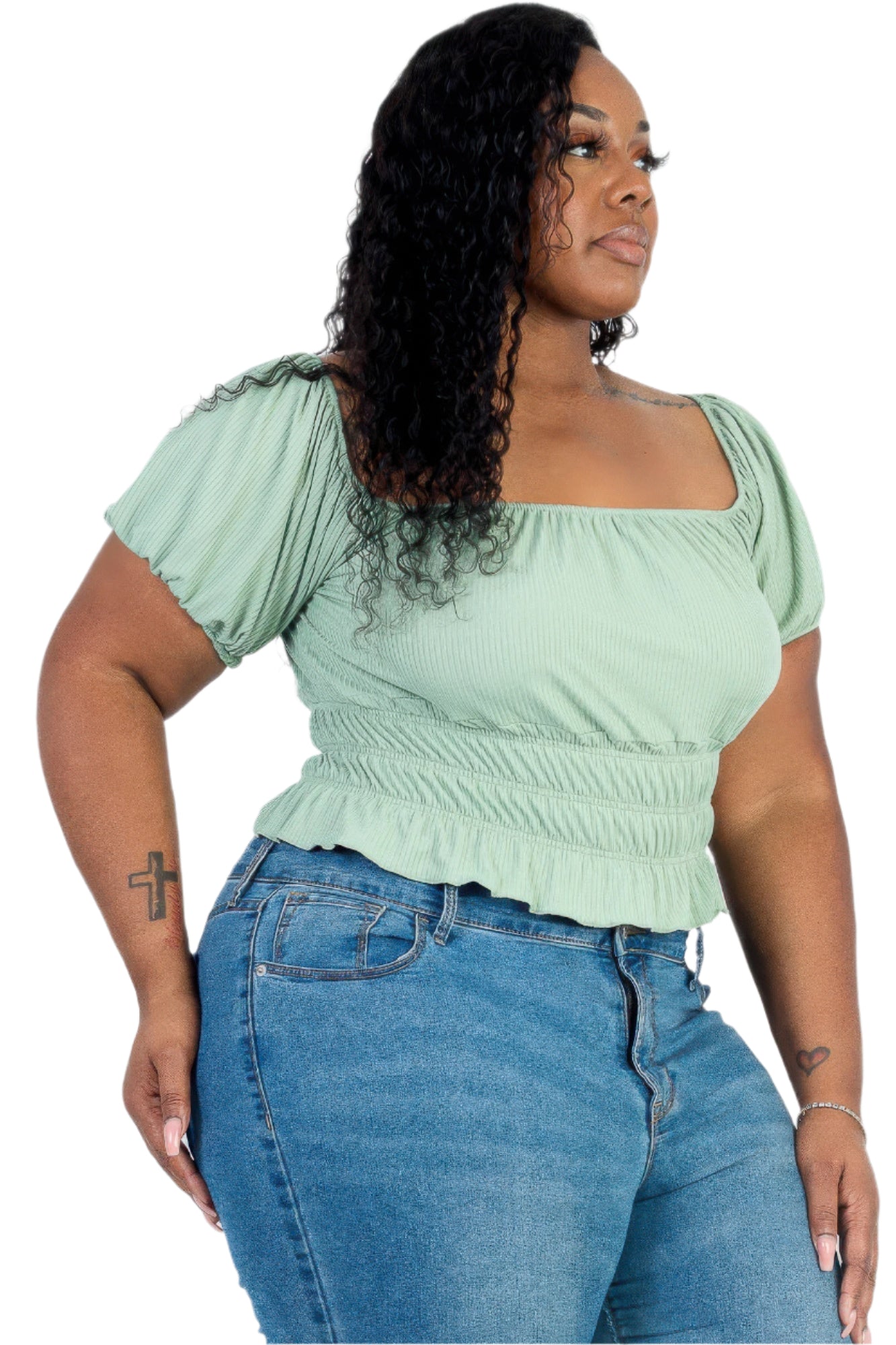 Plus size casual ruched puff sleeve ribbed knit solid top - Tigbul's Variety Fashion Shop