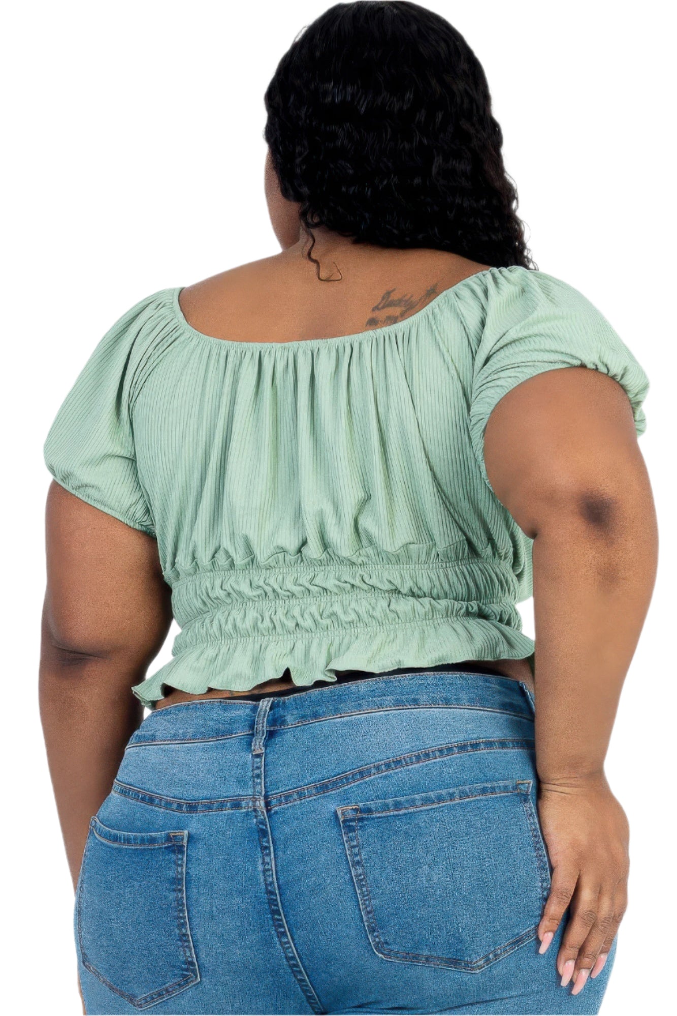 Plus size casual ruched puff sleeve ribbed knit solid top - Tigbul's Variety Fashion Shop