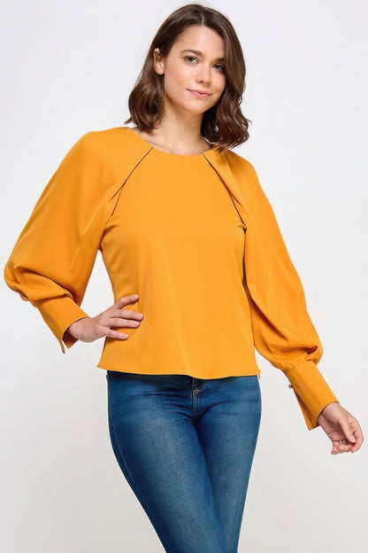 Raglan Long Sleeve Top With Back Neck Tie - Tigbul's Variety Fashion Shop