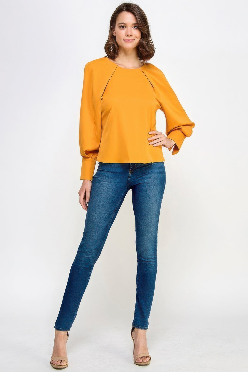 Raglan-Longsleeve mit Rückbinde, Senfgelb, 3/4 Länge Ärmel