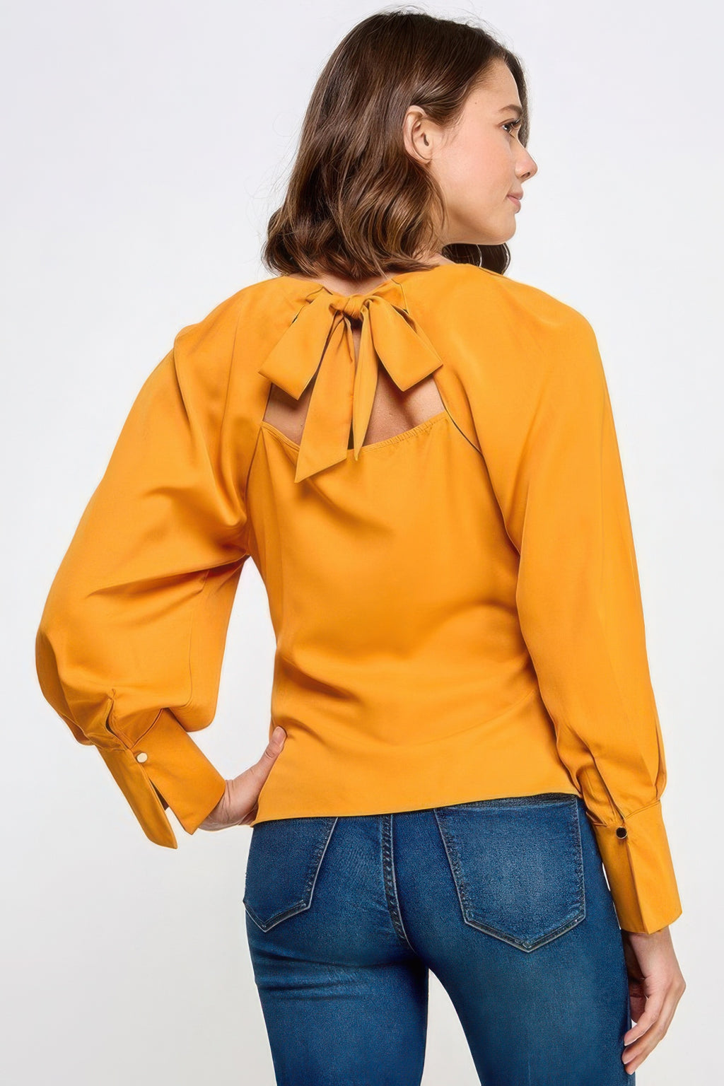 Rückansicht Raglan-Longsleeve mit Schleife hinten, Senfgelb