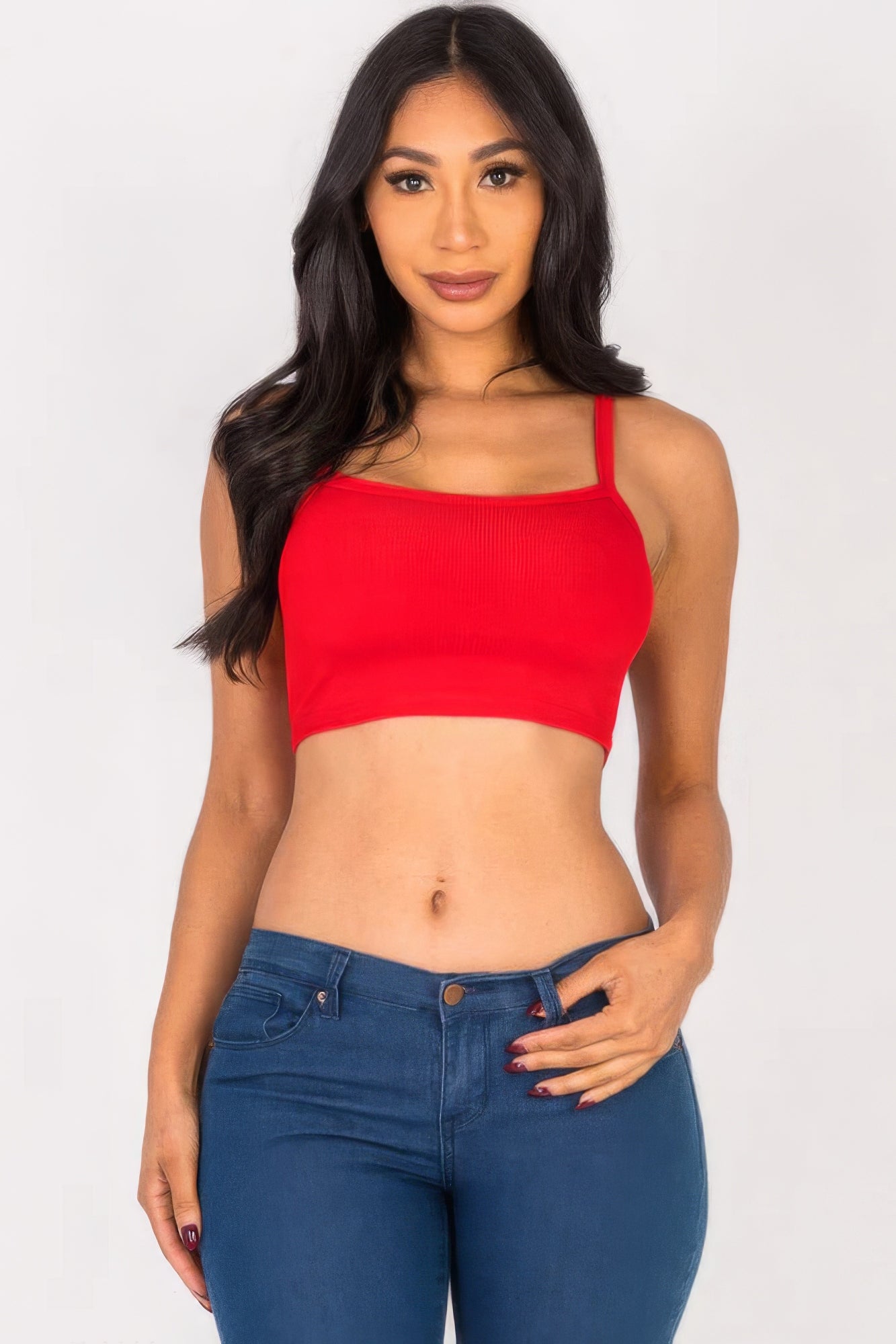 Ribbed knit crop cami top, chili red with thin straps and square neckline