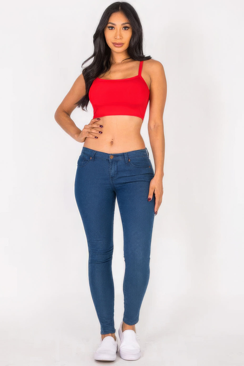 Ribbed knit crop cami top, chili red with thin straps and square neckline