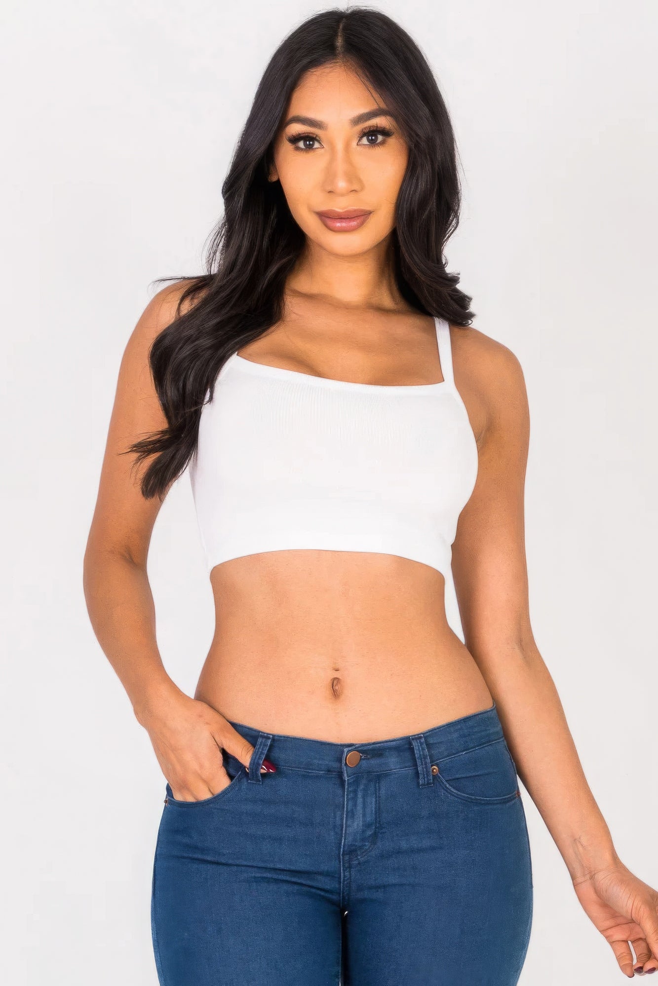 Ribbed knit crop cami top, white with square neckline and thin straps