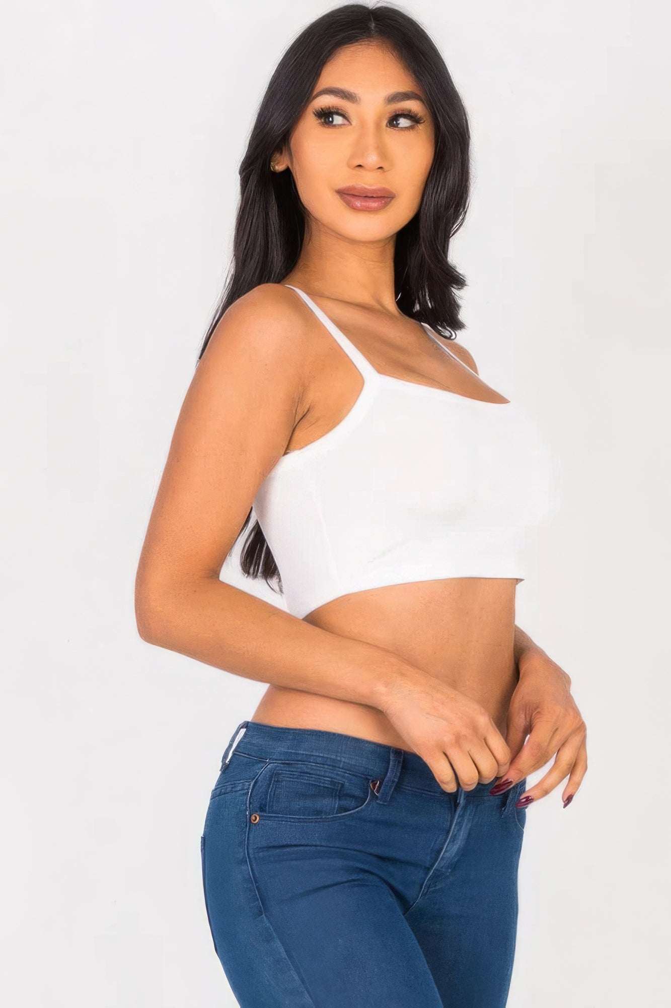 Ribbed knit crop cami top, white with thin straps and square neckline