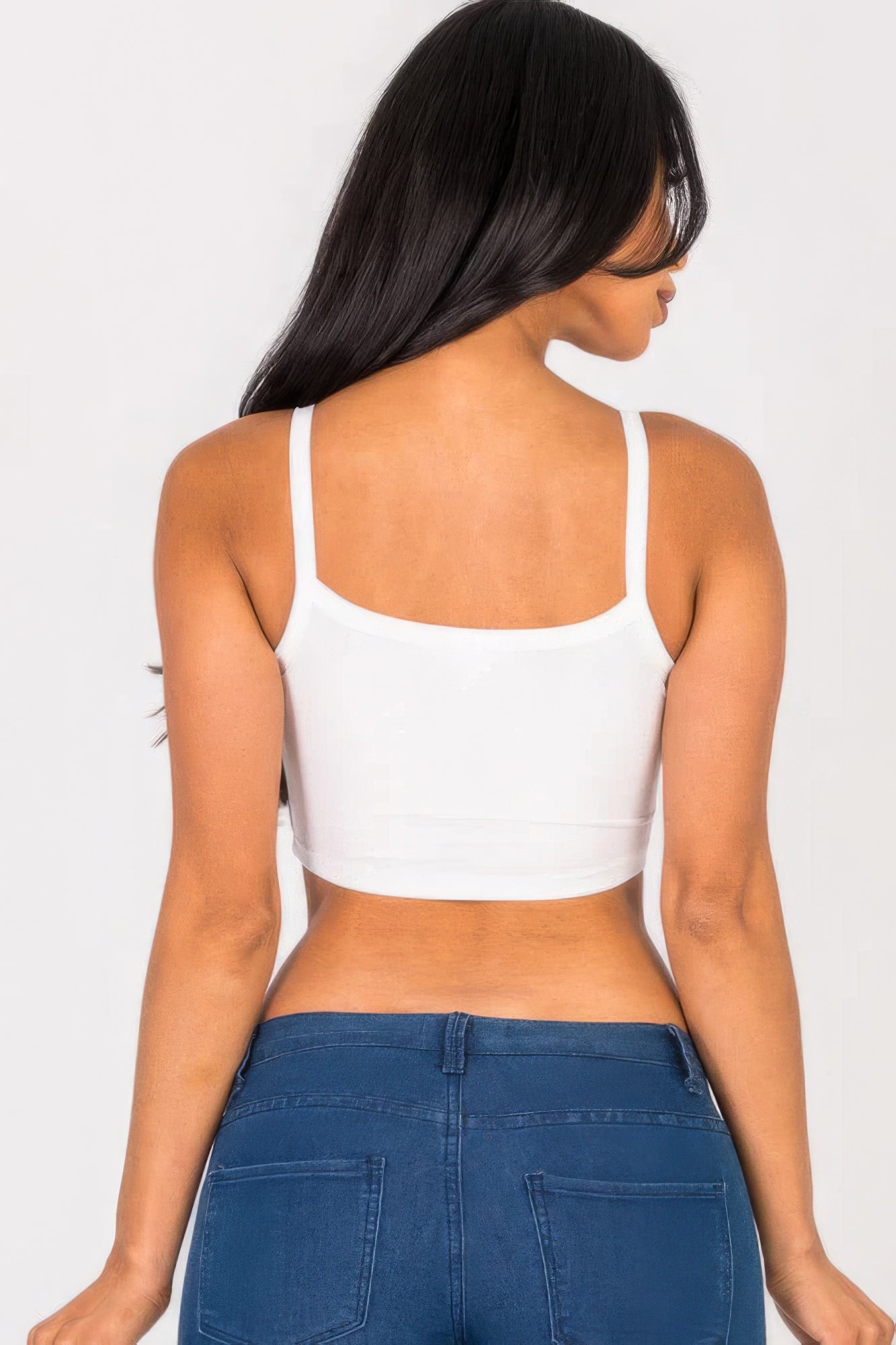 White ribbed knit crop cami top, open square back design with thin straps