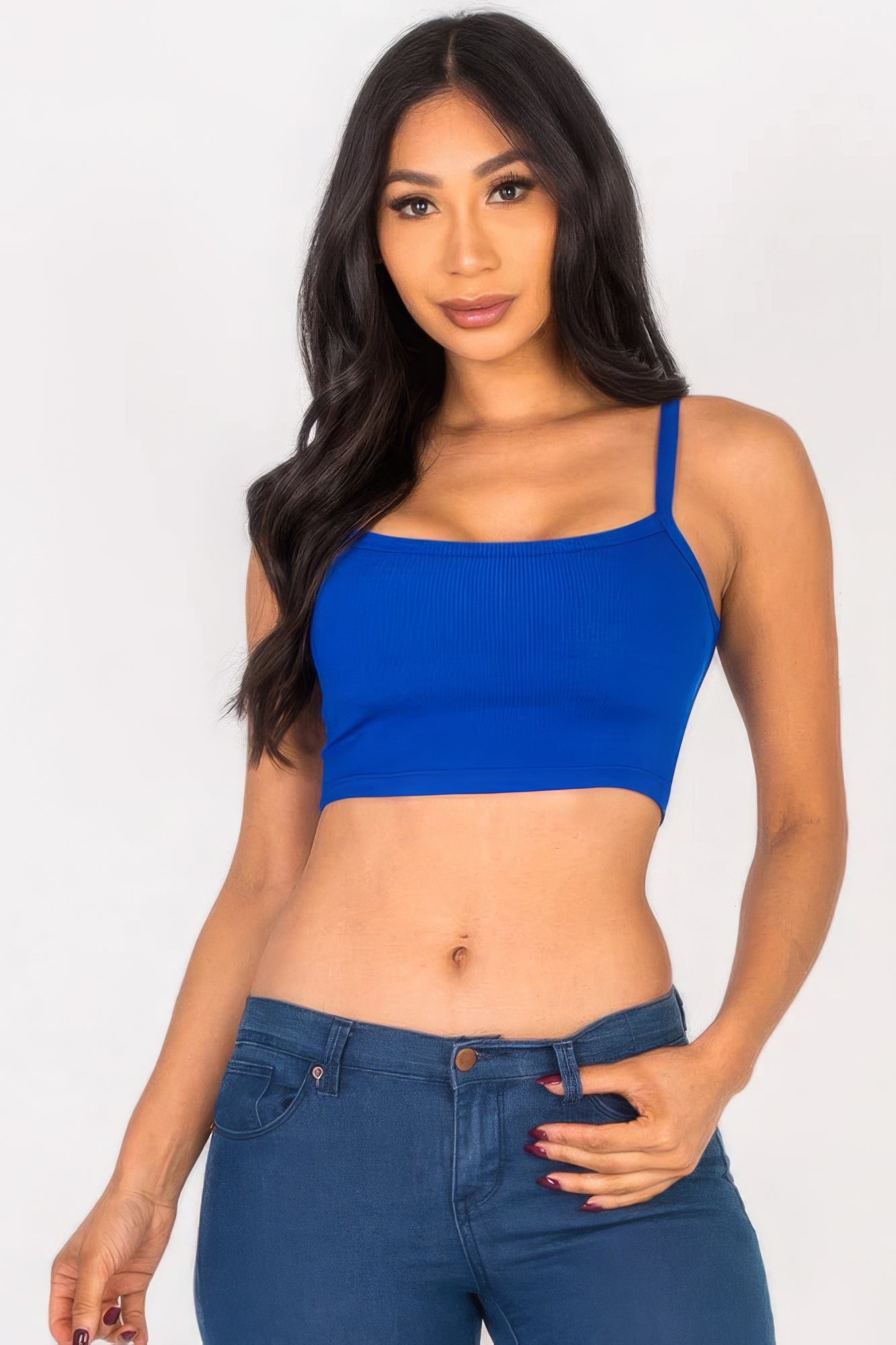 Royal blue ribbed knit crop cami top with square neckline and spaghetti straps