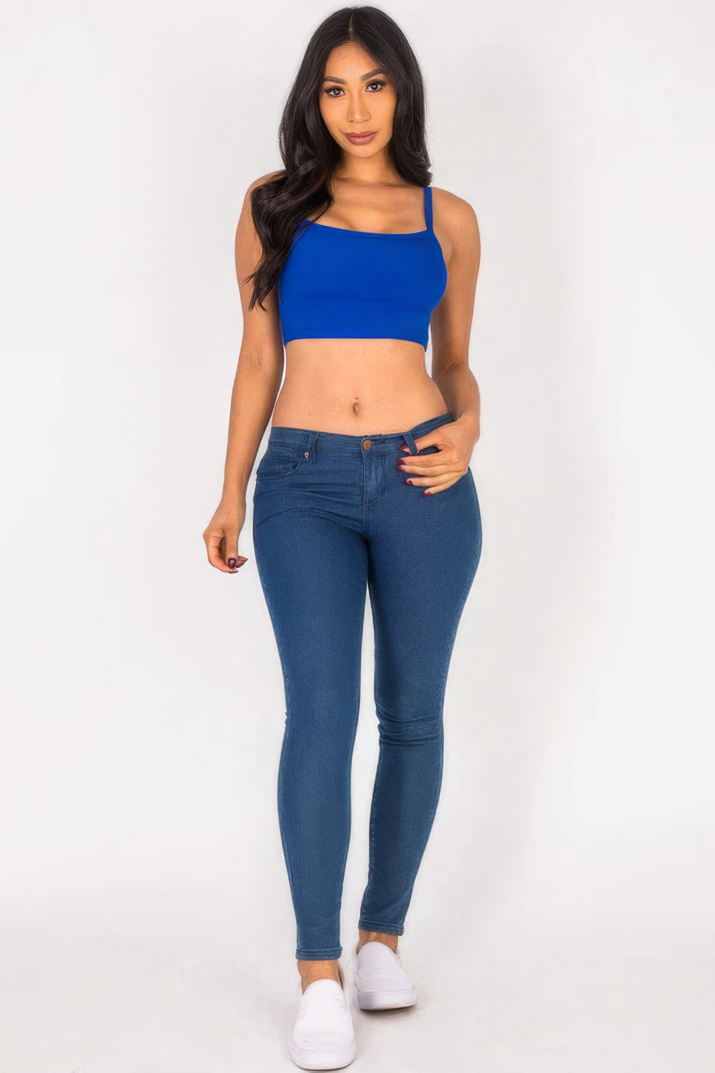 Royal blue ribbed knit crop cami top with thin straps and cropped length