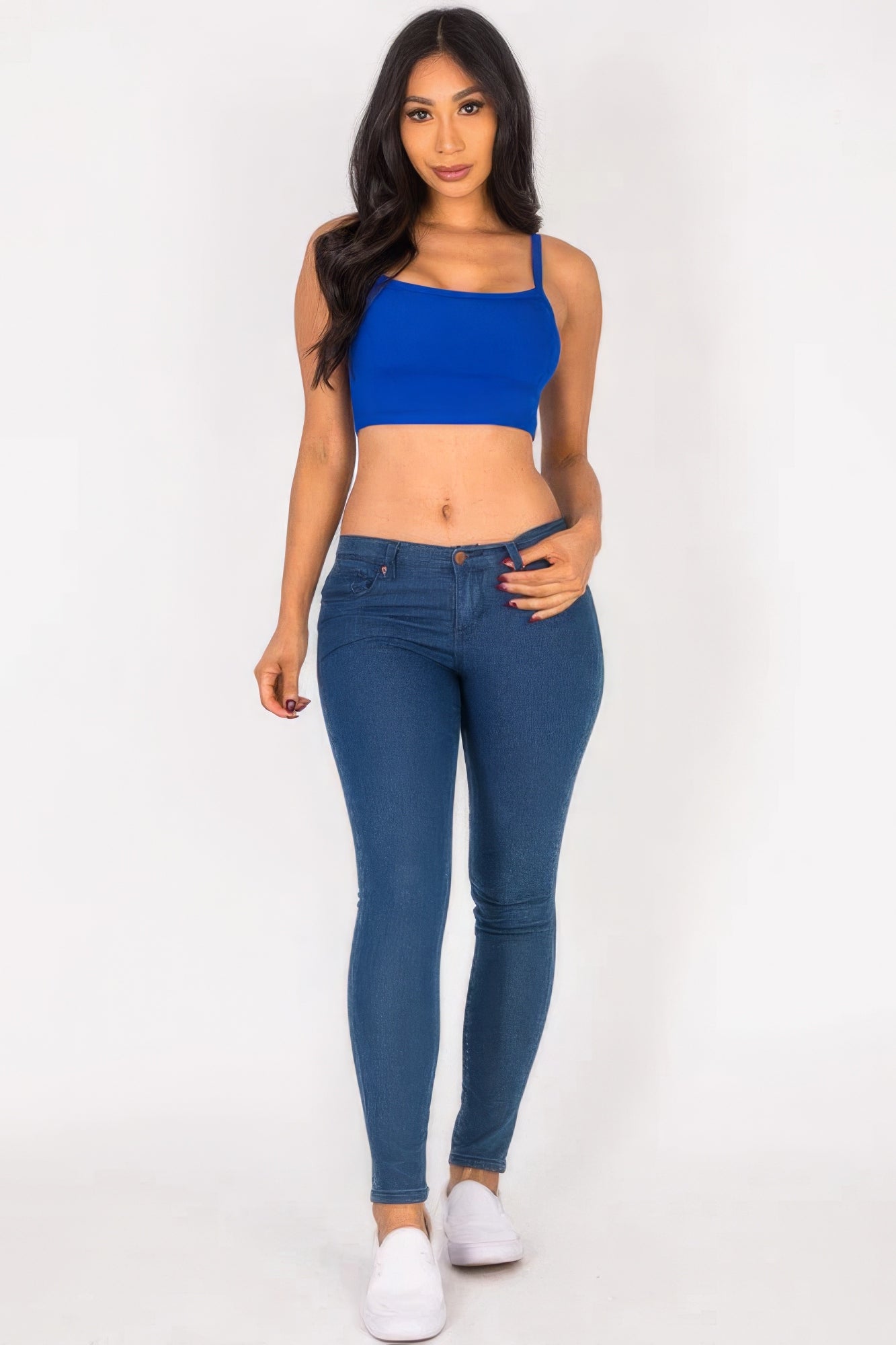 Royal blue ribbed knit crop cami top with thin straps and cropped length
