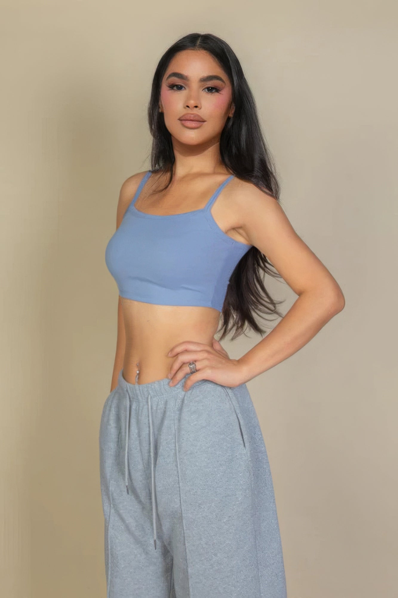 Ribbed knit crop cami top, cloud light blue with thin spaghetti straps
