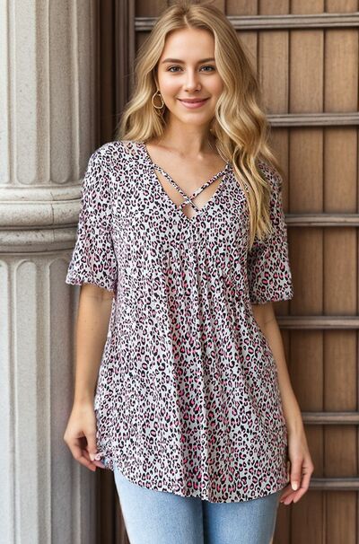 Short Sleeve Crisscross Animal Babydoll Top - Tigbul's Variety Fashion Shop