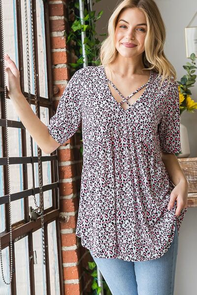 Short Sleeve Crisscross Animal Babydoll Top - Tigbul's Variety Fashion Shop