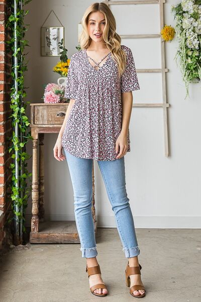 Short Sleeve Crisscross Animal Babydoll Top - Tigbul's Variety Fashion Shop