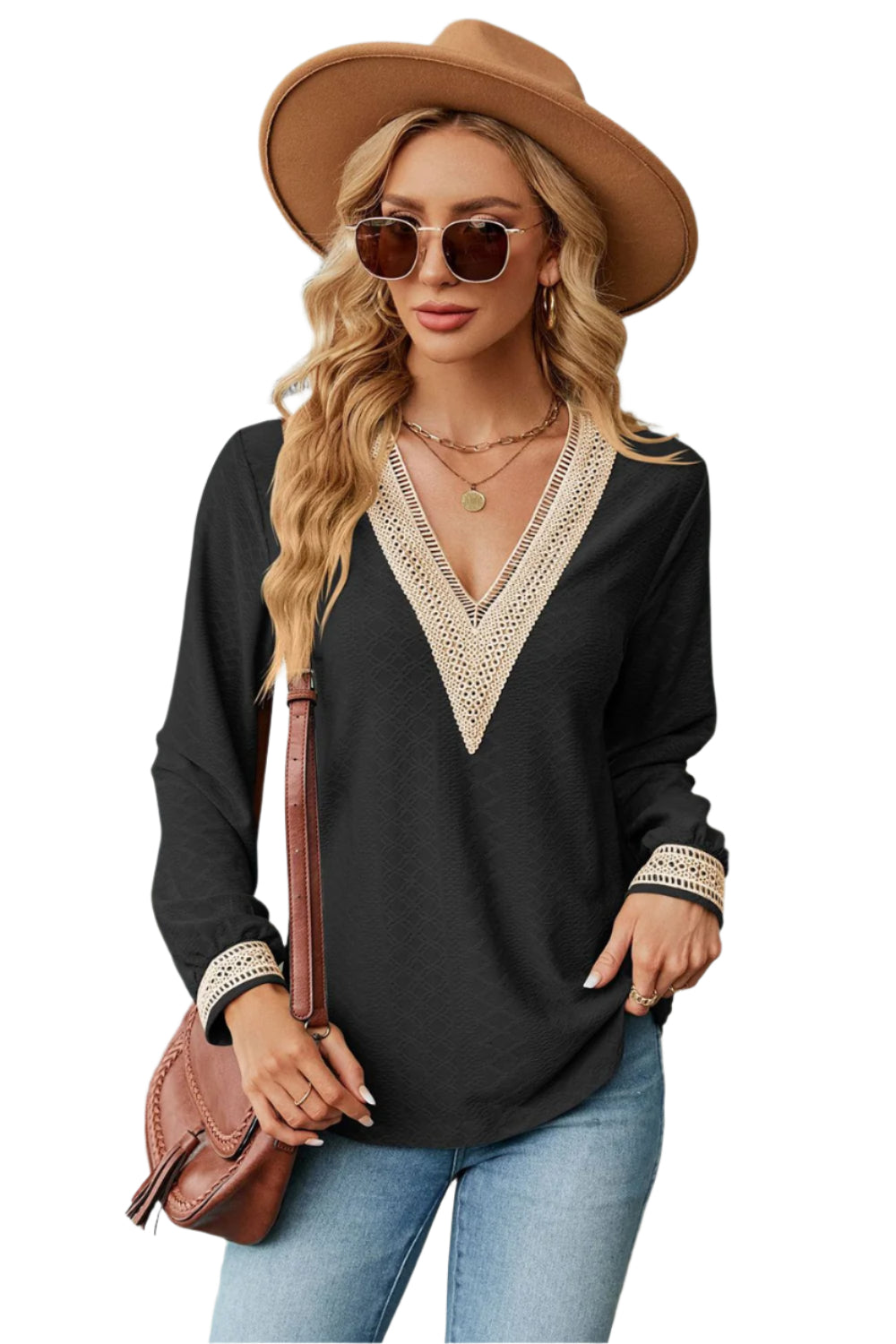 Size Large Black V-Neck Long Sleeve Eyelet Blouse - Tigbul's Variety Fashion Shop