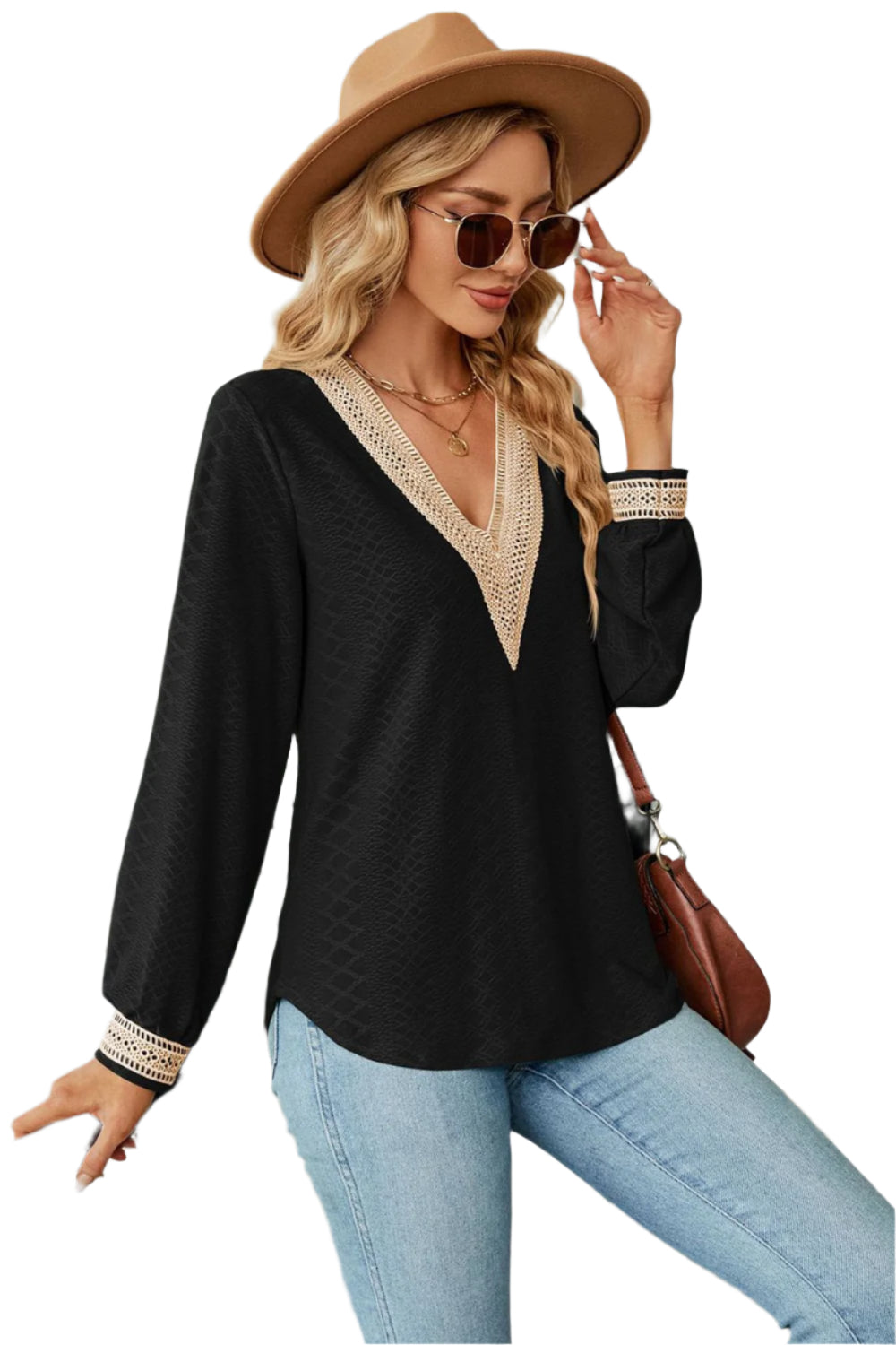Size Large Black V-Neck Long Sleeve Eyelet Blouse - Tigbul's Variety Fashion Shop