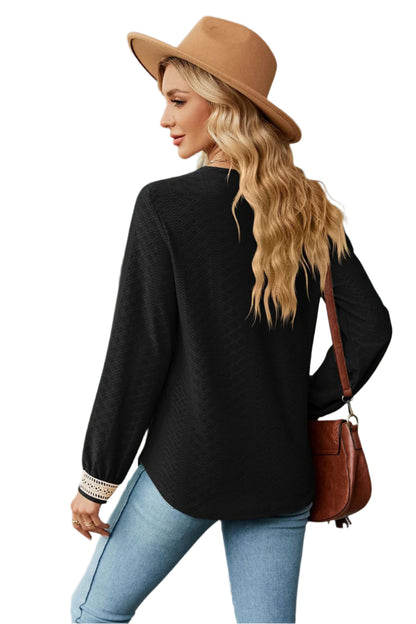 Size Large Black V-Neck Long Sleeve Eyelet Blouse - Tigbul's Variety Fashion Shop