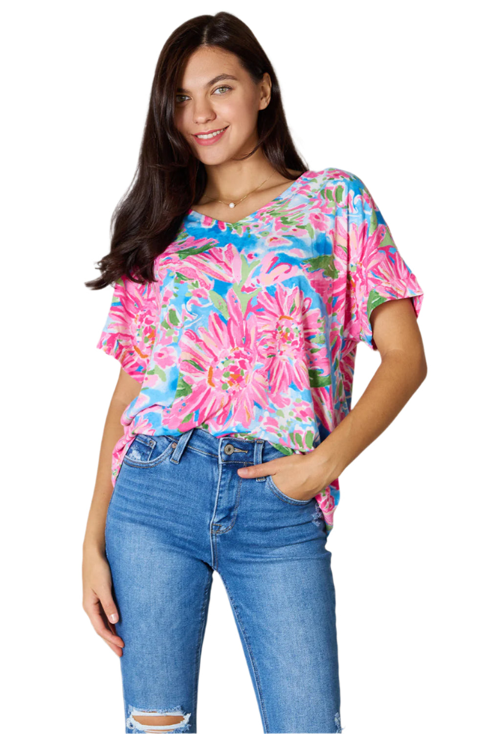 Size Large Pink Floral V-Neck Short Sleeve Blouse | Tigbuls