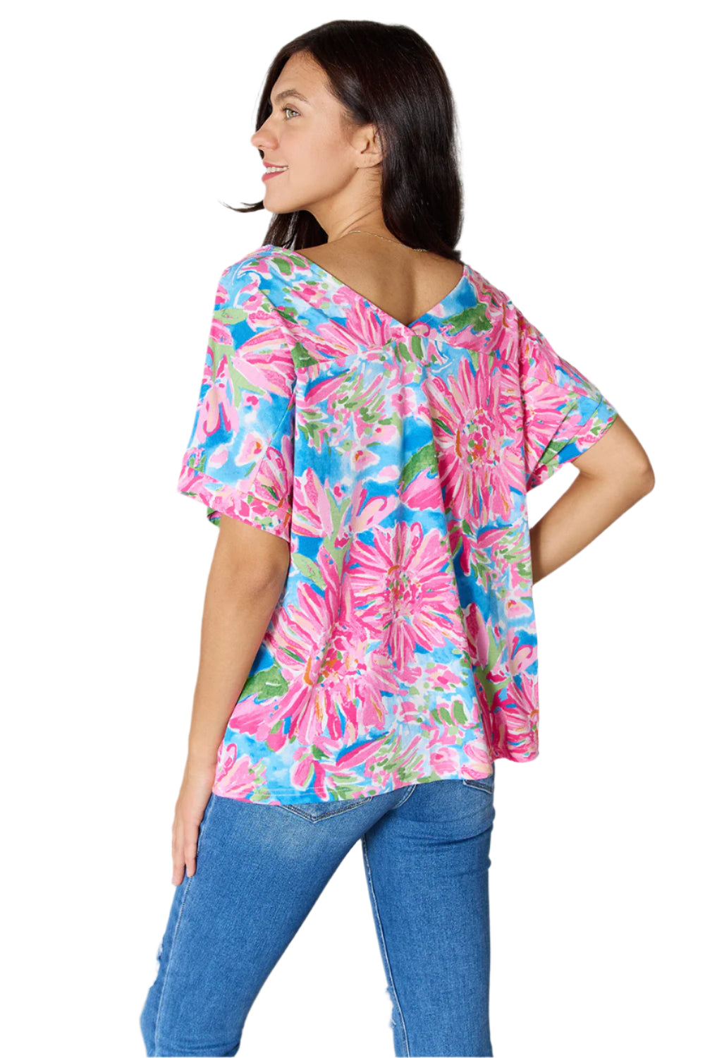 Size Large Pink Floral V-Neck Short Sleeve Blouse | Tigbuls