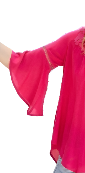 Side view of fuchsia bell sleeves on sheer mesh lace top