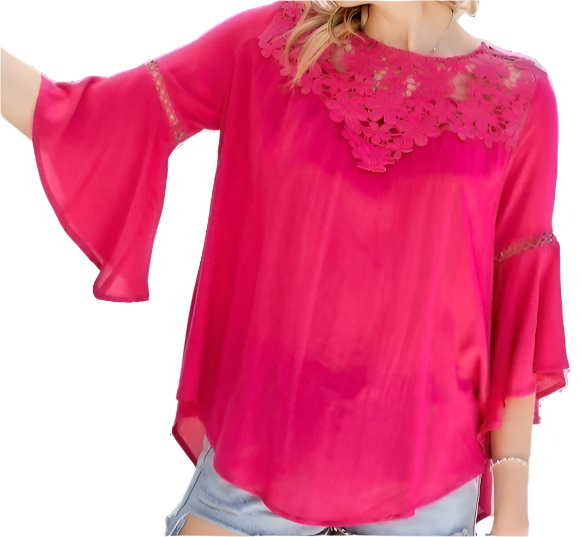 Fuchsia sheer mesh lace yoke top with flared bell sleeves