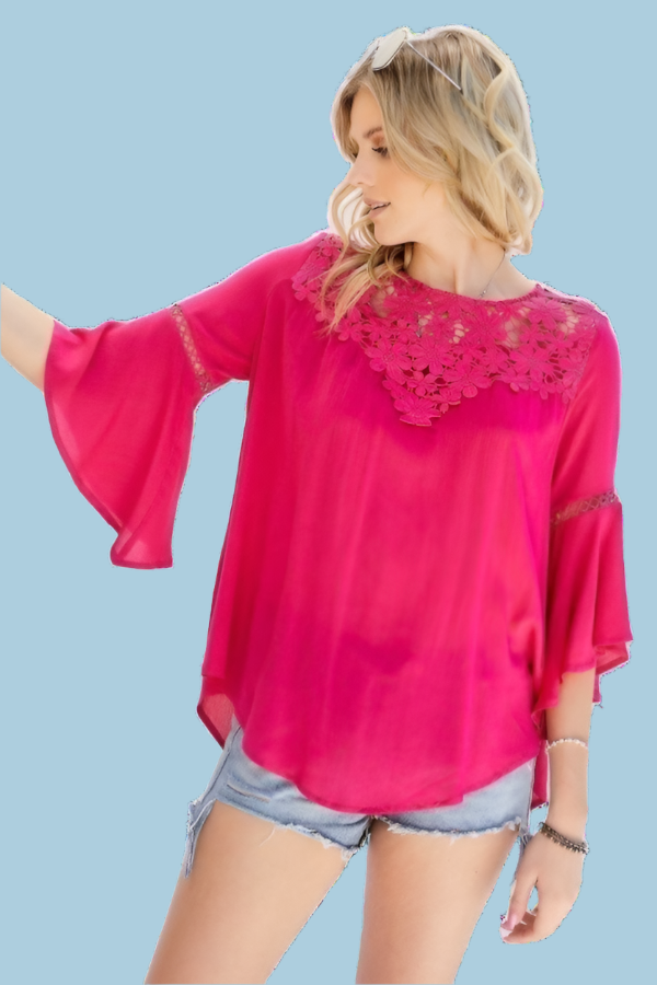 Fuchsia floral mesh lace blouse with bell sleeves; size S