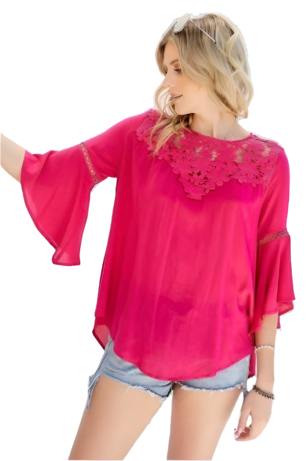 Fuchsia mesh lace top with floral yoke, bell sleeves; size S