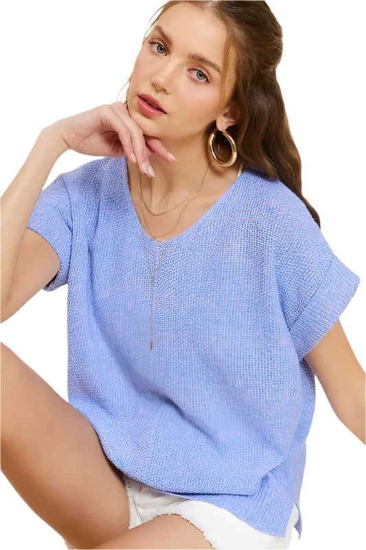 Periwinkle blue knit sweater with V-neck and short sleeves, airy texture
