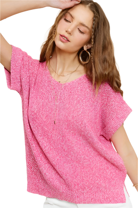 Pink short-sleeve V-neck sweater with textured knit, relaxed fit