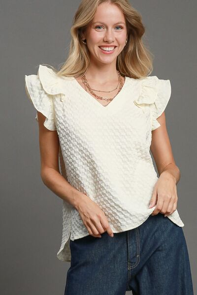 Textured Jacquard V-Neck Ruffle Cap Sleeve Blouse - Tigbul's Variety Fashion Shop