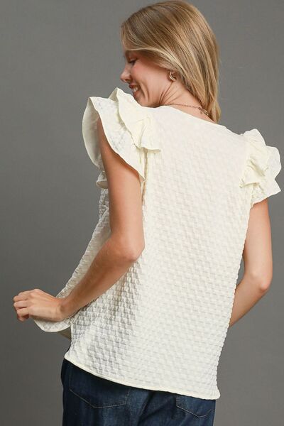 Textured Jacquard V-Neck Ruffle Cap Sleeve Blouse - Tigbul's Variety Fashion Shop
