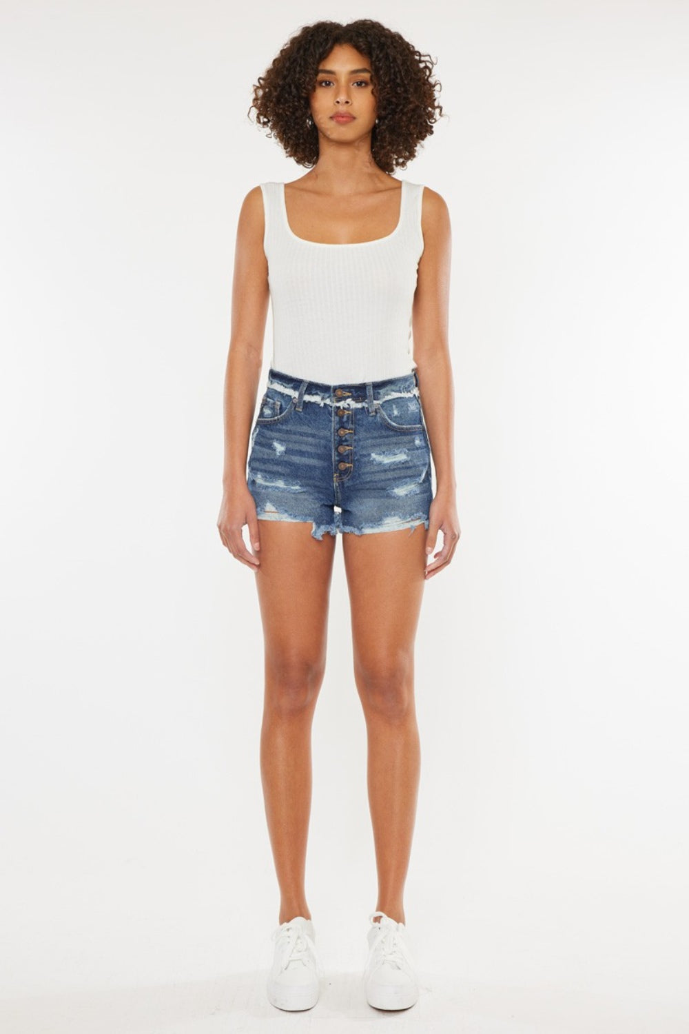 Distressed Dark Wash Button Fly Blue Denim Shorts - Tigbul's Variety Fashion Shop