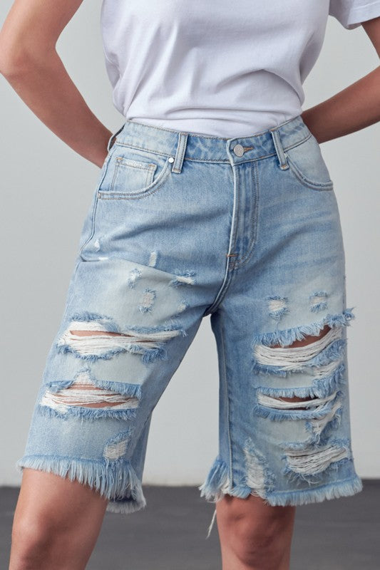 High-rise ripped bermuda denim shorts, light blue with distressed front and side